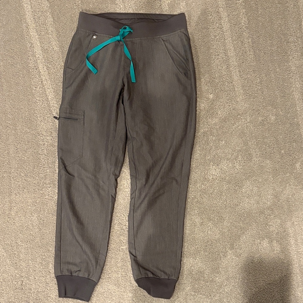Figs women’s scrubs  Charcoal Joggers with Teal Drawstring XS petite